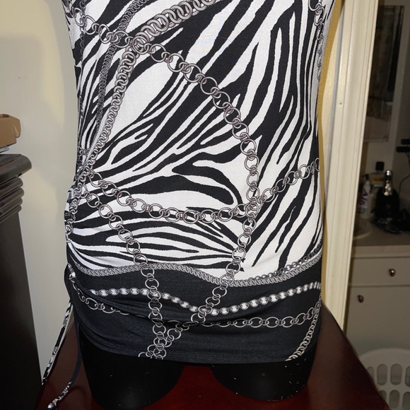 Cache M Zebra Chain Print Black White Gray Stretch Knit Top Ruched Tie Side - Picture 5 of 12